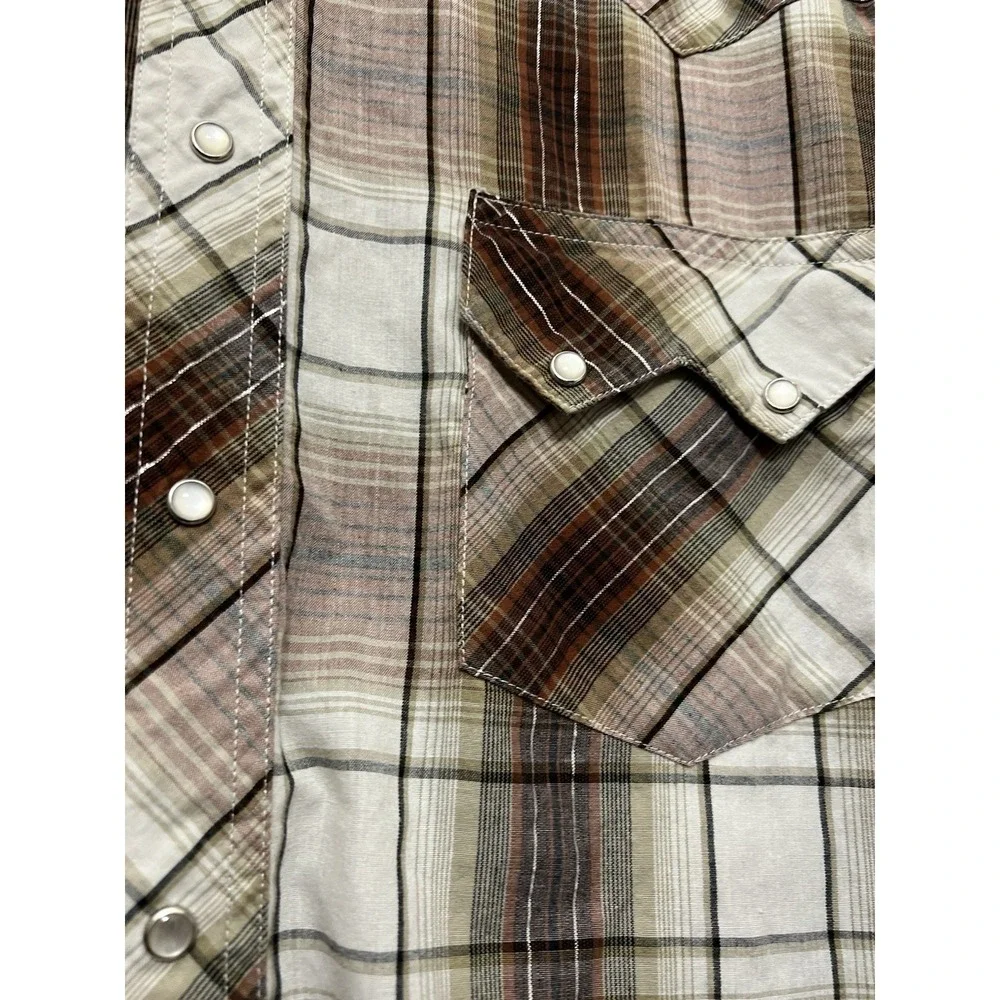 VTG Rustler Wrangler‎ Mens 3XL Plaid Short Sleeve Western Pearl Snap Shirt Brown